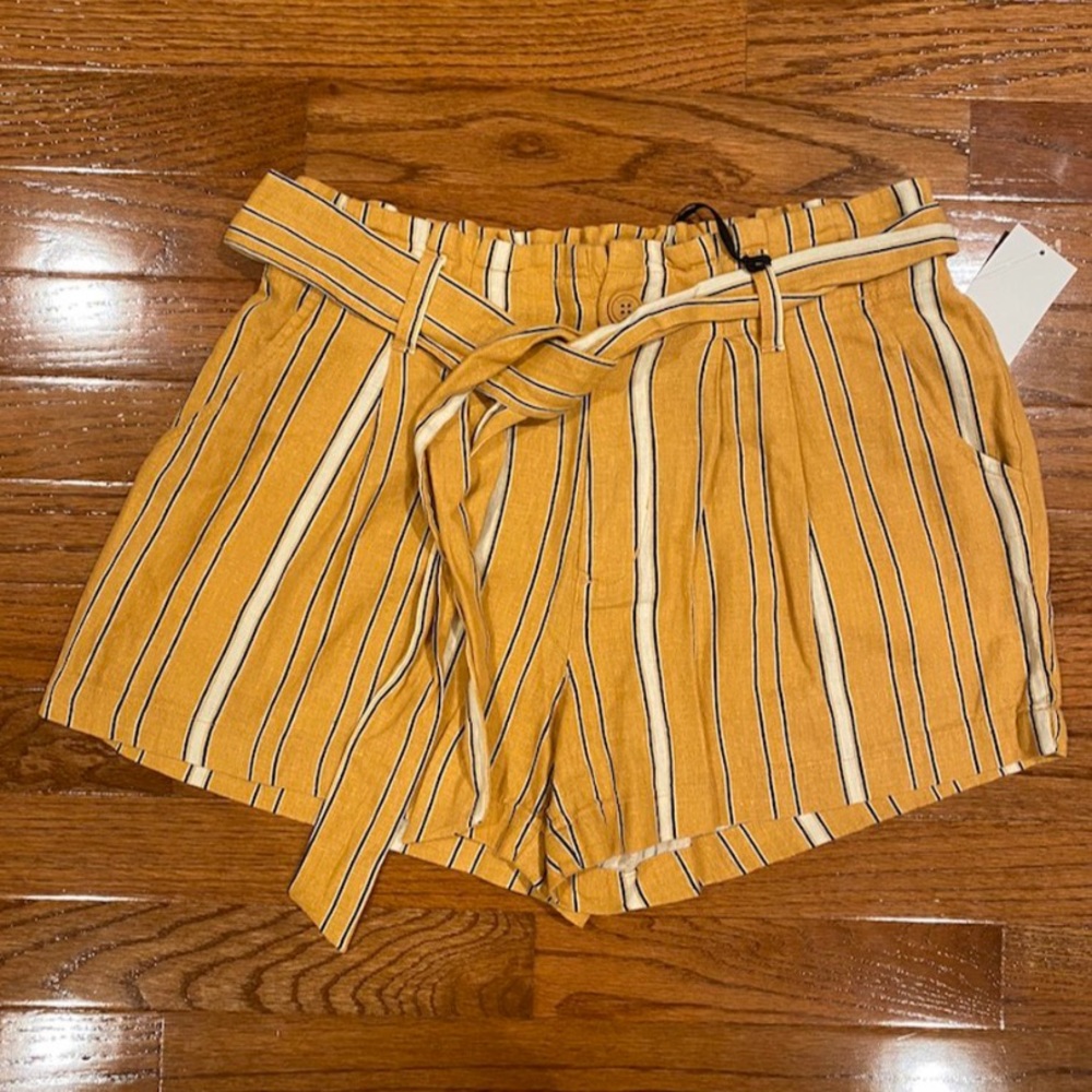 yellow, navy blue, white striped shorts with tie